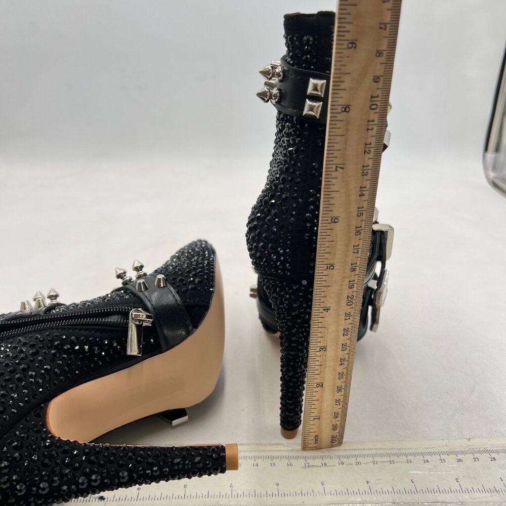Black Studded Bling Ankle Boot Pointed Toe Crystal Embellished Zipper Shoe - Picture 4 of 7